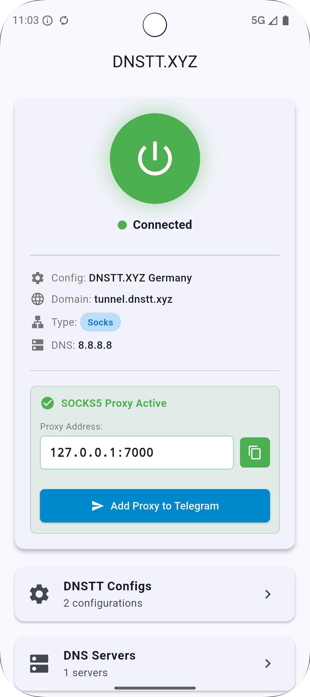 DNSTT Android - Proxy Mode Connected