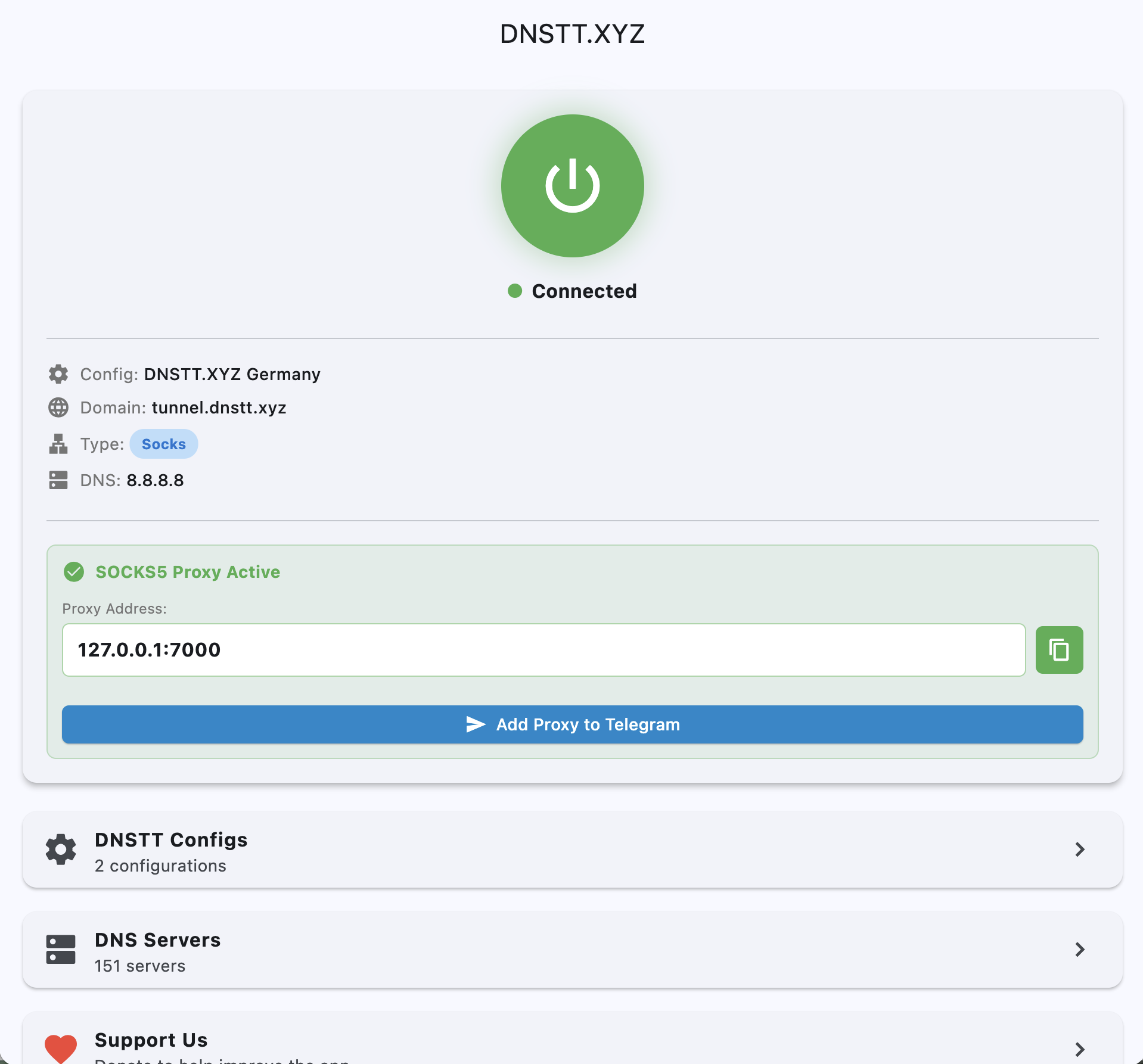 DNSTT Desktop - Connected in Proxy Mode